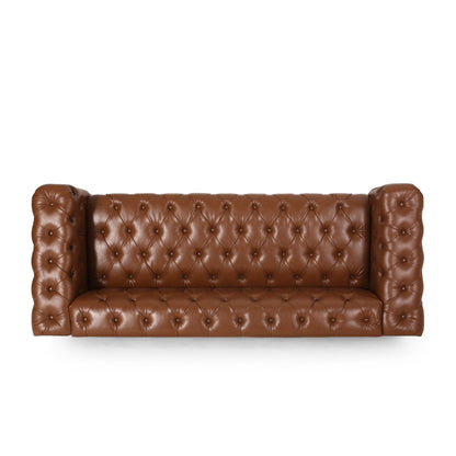 Divano in pelle PU marrone da 83,5'' con schienale trapuntato a bottoni, gambe in legno vintage e braccioli spaziosi