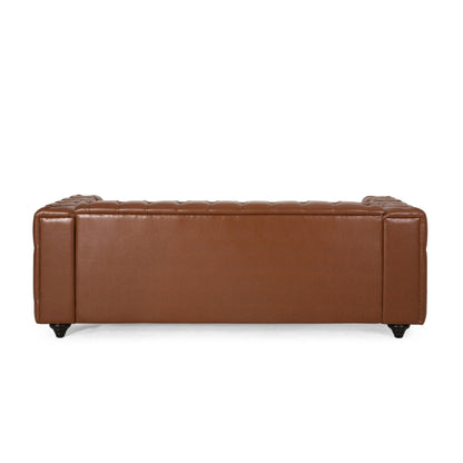 Divano in pelle PU marrone da 83,5'' con schienale trapuntato a bottoni, gambe in legno vintage e braccioli spaziosi