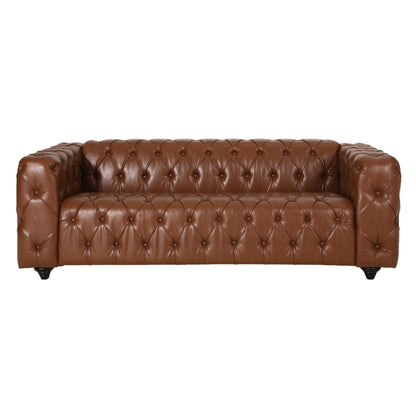 Divano in pelle PU marrone da 83,5'' con schienale trapuntato a bottoni, gambe in legno vintage e braccioli spaziosi