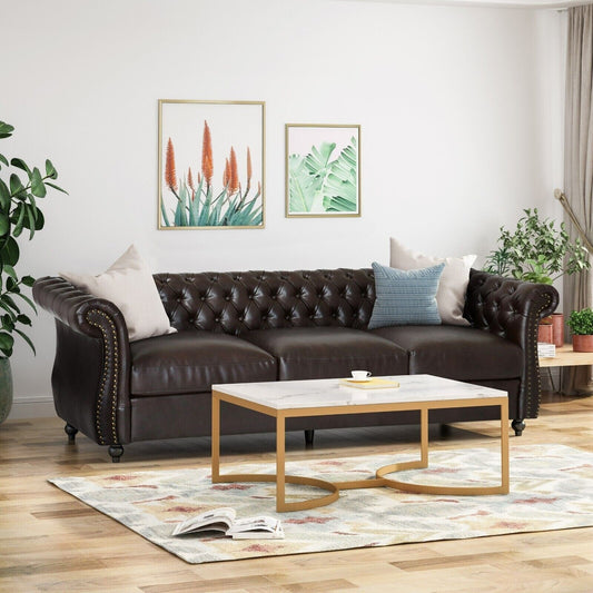 Divano in pelle PU marrone da 84,5'' con braccioli e cuscini rimovibili