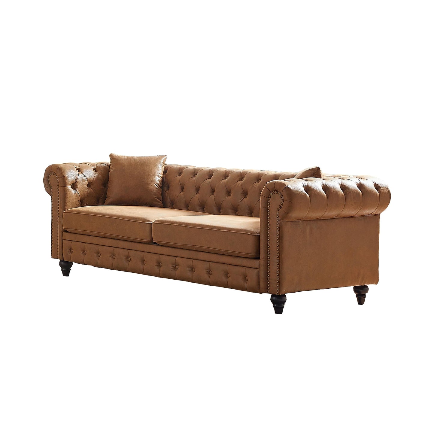 Divano Chesterfield a 3 posti con braccioli arrotolati in tessuto tecnico marrone 85,5 e 2 cuscini per soggiorno