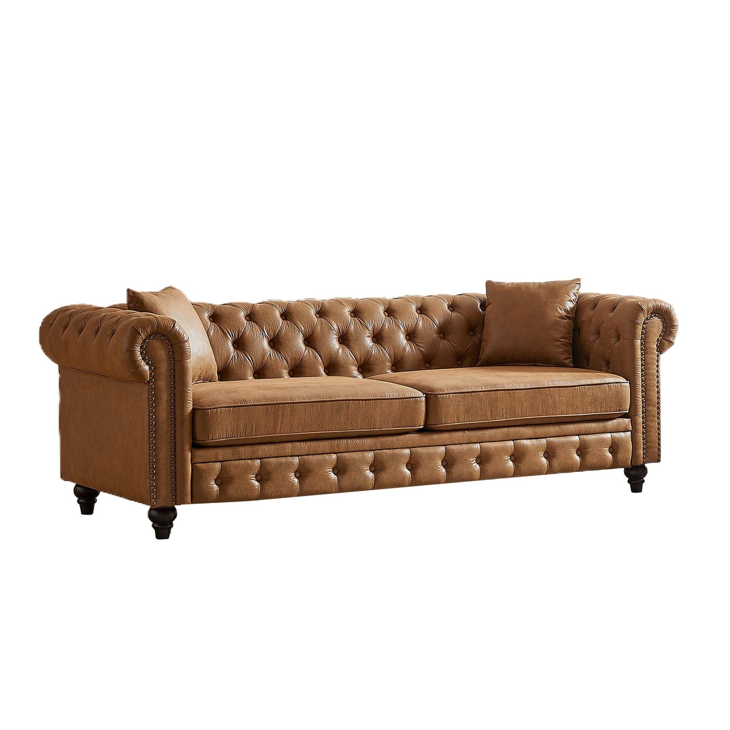 Divano Chesterfield a 3 posti con braccioli arrotolati in tessuto tecnico marrone 85,5 e 2 cuscini per soggiorno