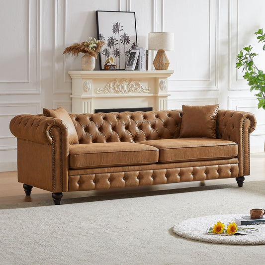 Divano Chesterfield a 3 posti con braccioli arrotolati in tessuto tecnico marrone 85,5 e 2 cuscini per soggiorno