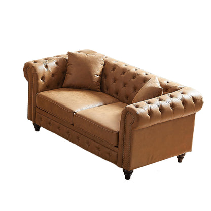Divano Chesterfield a 3 posti con braccioli arrotolati in tessuto tecnico marrone 85,5 e 2 cuscini per soggiorno