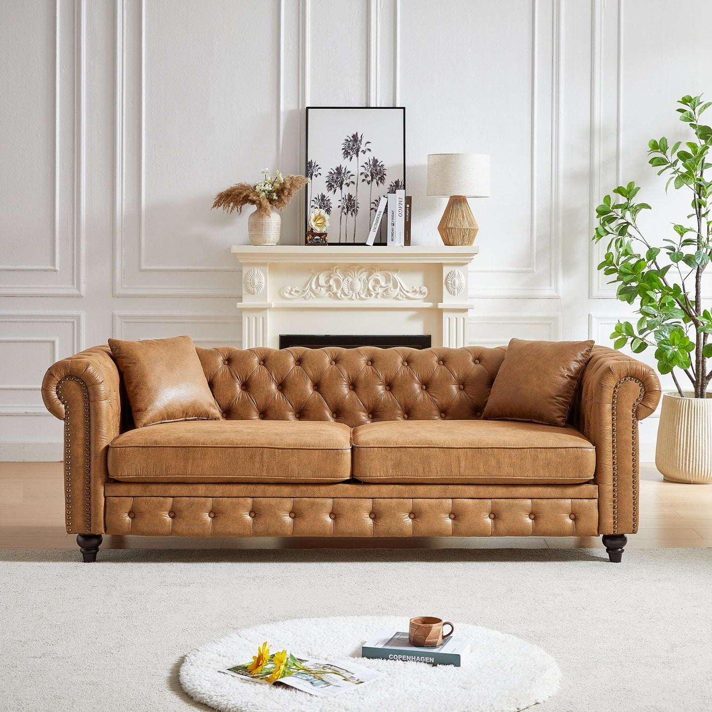Divano Chesterfield a 3 posti con braccioli arrotolati in tessuto tecnico marrone 85,5 e 2 cuscini per soggiorno