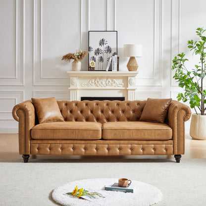 Divano Chesterfield a 3 posti con braccioli arrotolati in tessuto tecnico marrone 85,5 e 2 cuscini per soggiorno