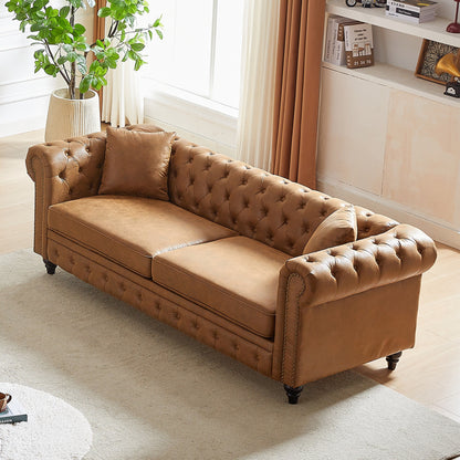 Divano Chesterfield a 3 posti con braccioli arrotolati in tessuto tecnico marrone 85,5 e 2 cuscini per soggiorno