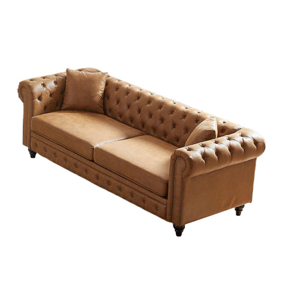Divano Chesterfield a 3 posti con braccioli arrotolati in tessuto tecnico marrone 85,5 e 2 cuscini per soggiorno