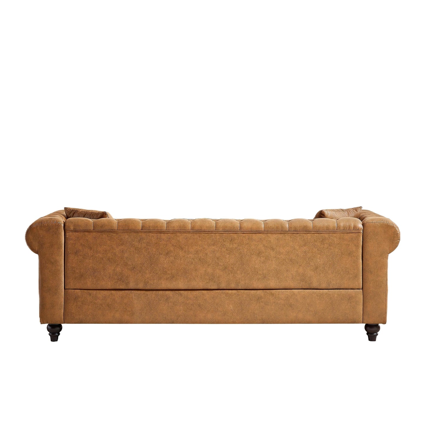 Divano Chesterfield a 3 posti con braccioli arrotolati in tessuto tecnico marrone 85,5 e 2 cuscini per soggiorno
