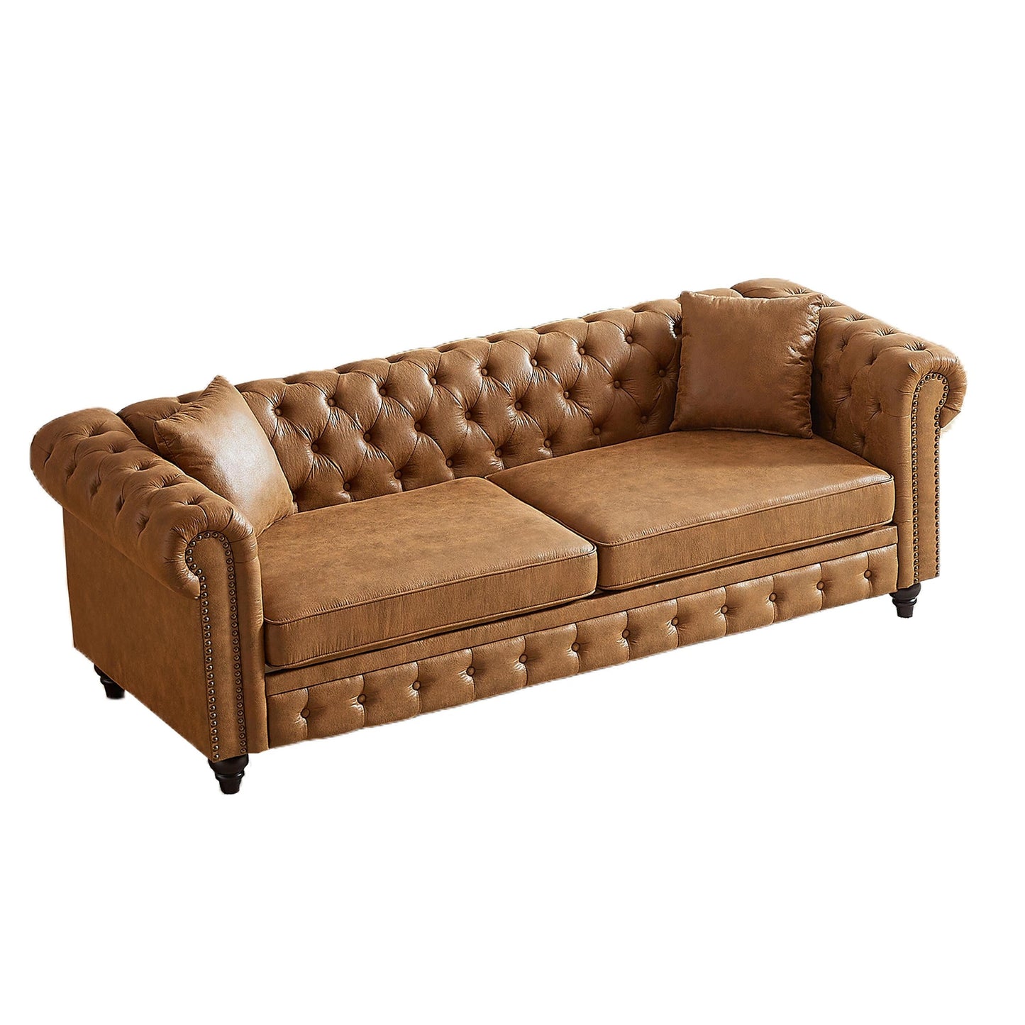 Divano Chesterfield a 3 posti con braccioli arrotolati in tessuto tecnico marrone 85,5 e 2 cuscini per soggiorno