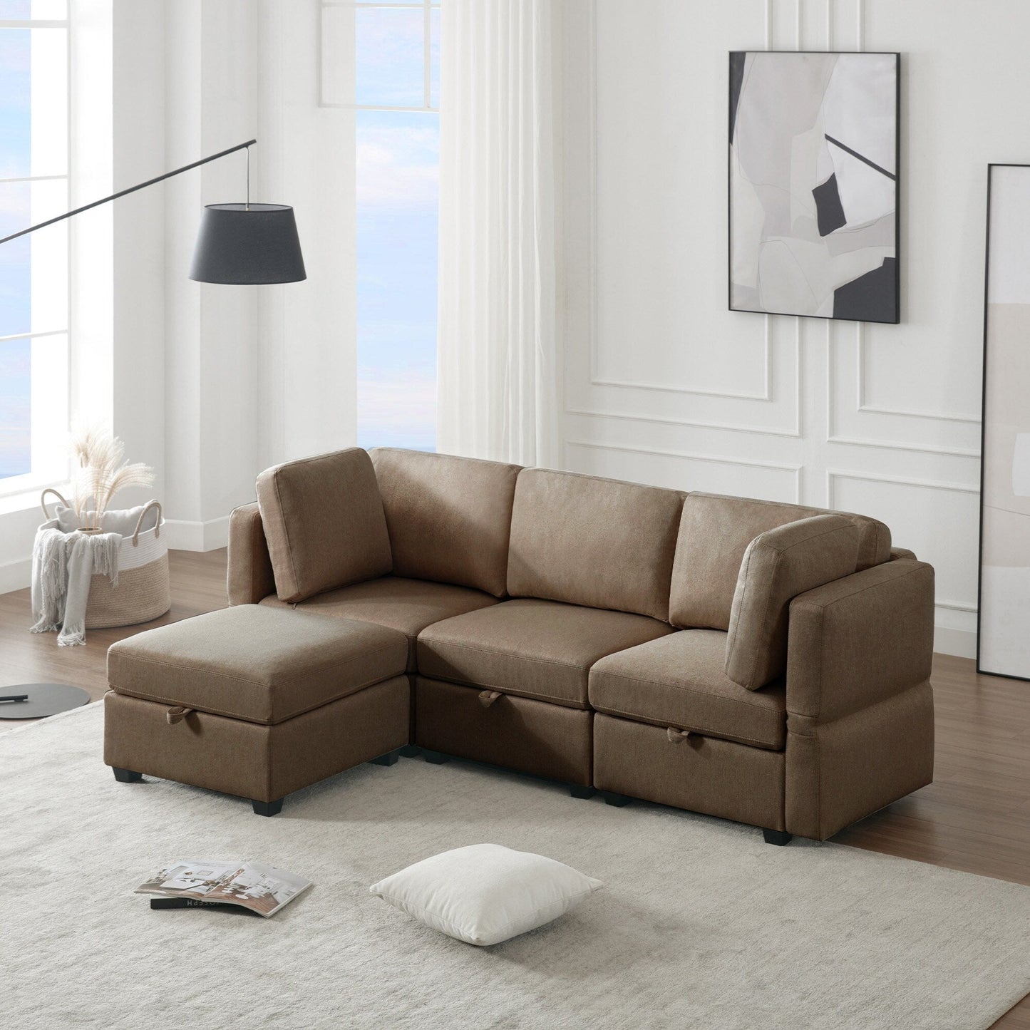 Divano componibile modulare marrone da 87,9'' a 3 posti con pouf, braccioli e schienali regolabili, sedili contenitore e cuscini spessi