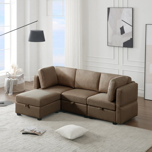 Divano componibile modulare marrone da 87,9'' a 3 posti con pouf, braccioli e schienali regolabili, sedili contenitore e cuscini spessi