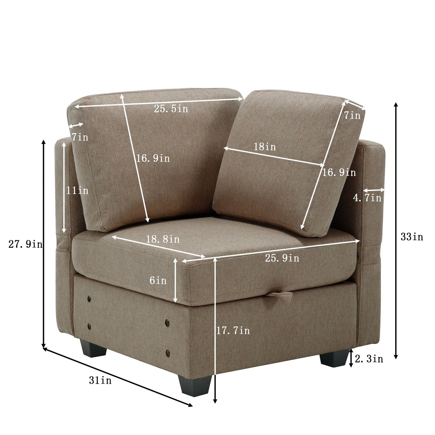 Divano componibile modulare marrone da 87,9'' a 3 posti con pouf, braccioli e schienali regolabili, sedili contenitore e cuscini spessi