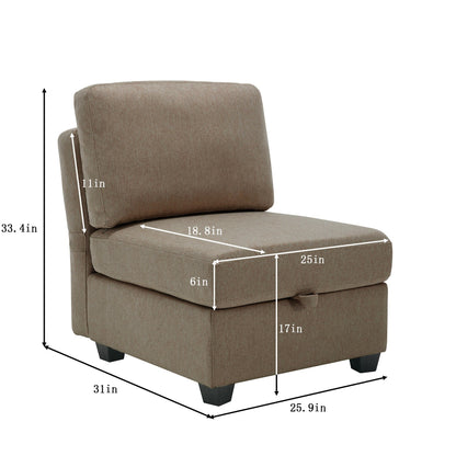 Divano componibile modulare marrone da 87,9'' a 3 posti con pouf, braccioli e schienali regolabili, sedili contenitore e cuscini spessi