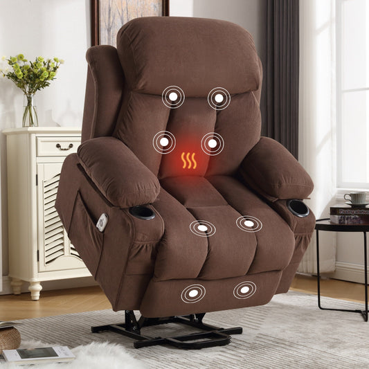 Poltrona reclinabile elettrica oversize in tessuto traspirante marrone con massaggio, riscaldamento lombare, USB, 2 portabicchieri