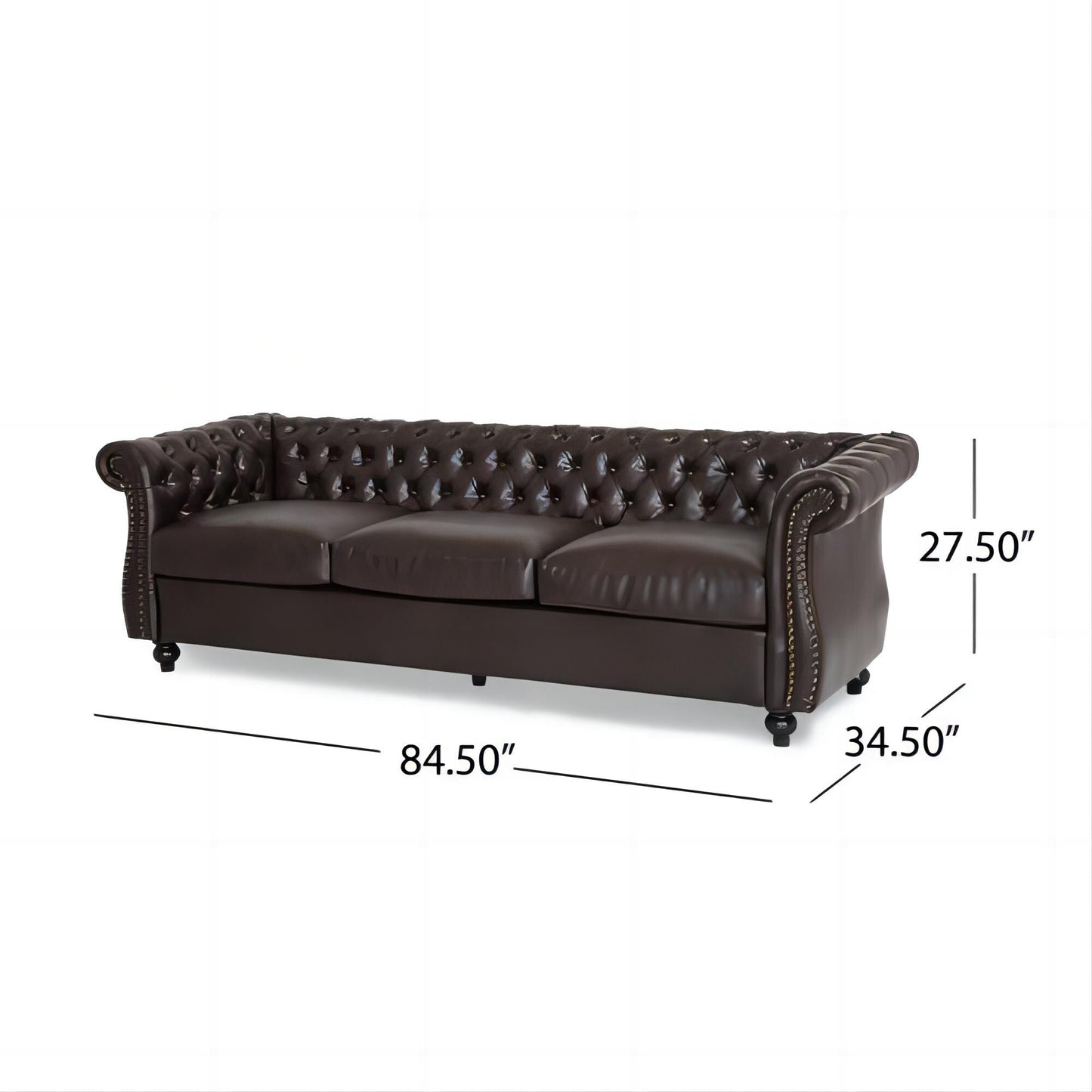 Divano Chesterfield marrone 84.75 imbottito con bottoni, 3 posti, borchie e gambe in legno per soggiorno