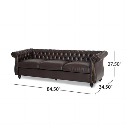 Divano Chesterfield marrone 84.75 imbottito con bottoni, 3 posti, borchie e gambe in legno per soggiorno