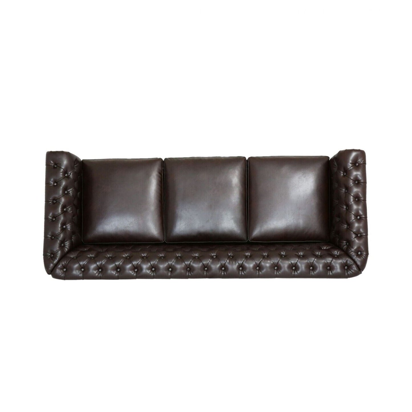 Divano Chesterfield marrone 84.75 imbottito con bottoni, 3 posti, borchie e gambe in legno per soggiorno