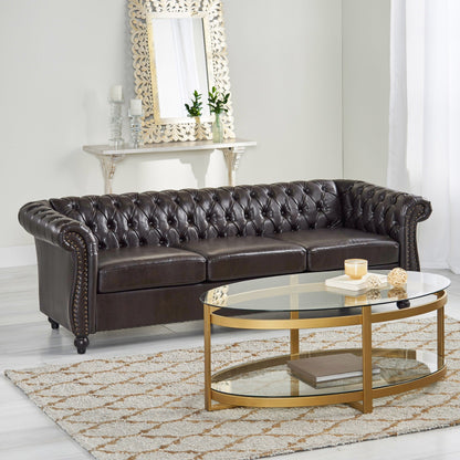 Divano Chesterfield marrone 84.75 imbottito con bottoni, 3 posti, borchie e gambe in legno