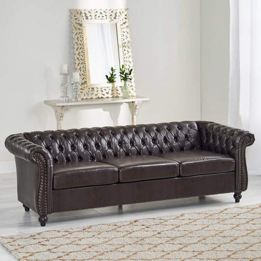 Divano Chesterfield marrone 84.75 imbottito con bottoni, 3 posti, borchie e gambe in legno