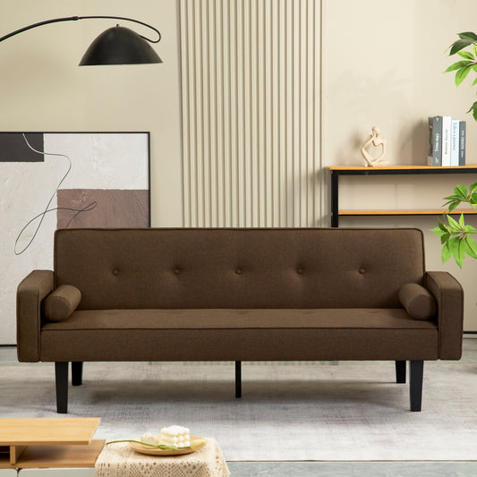 Divano letto futon convertibile marrone a 3 posti con gambe in legno