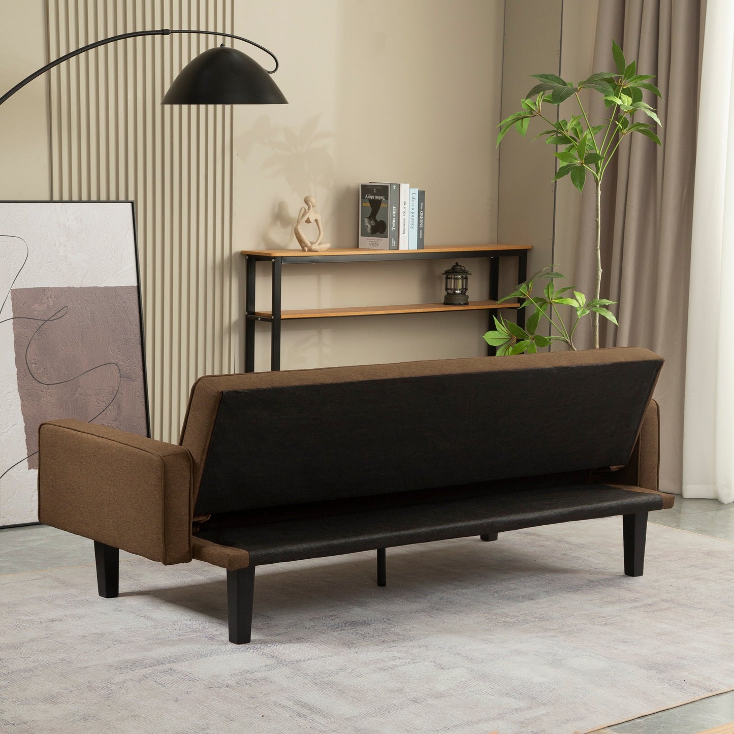 Divano letto futon convertibile marrone a 3 posti con gambe in legno