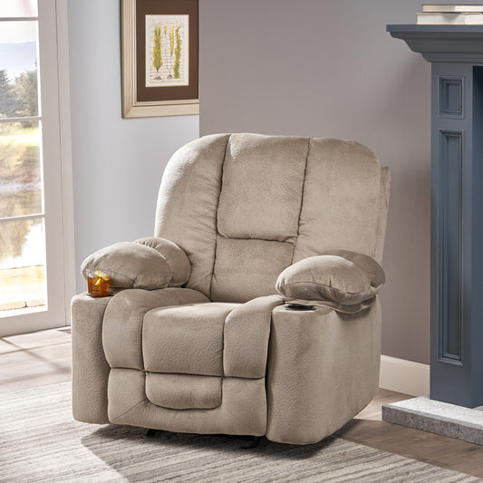 Poltrona reclinabile manuale in tessuto elegante marrone con doppio portabicchieri, dimensioni generose per il massimo comfort