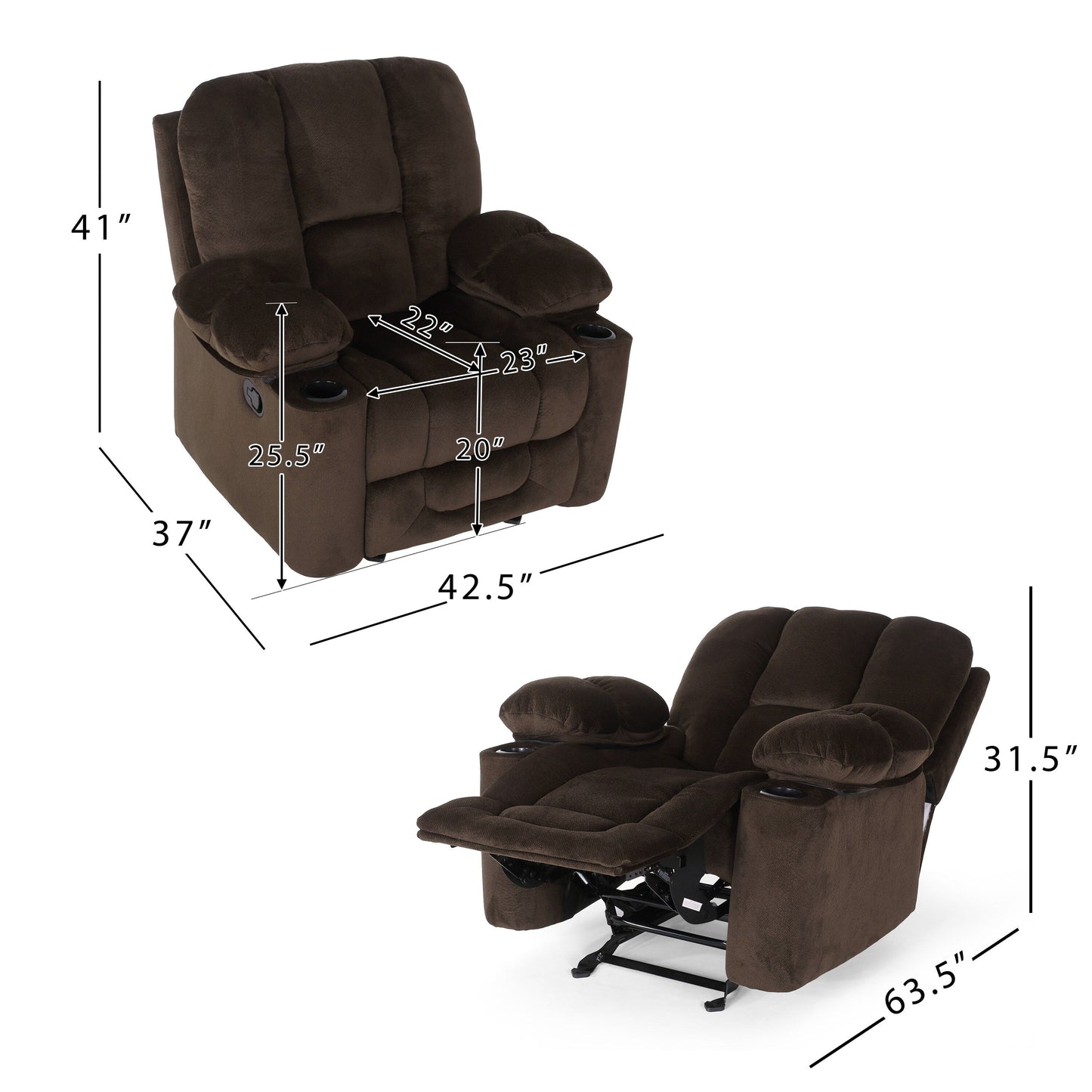 Poltrona reclinabile manuale in tessuto elegante marrone con doppio portabicchieri, dimensioni spaziose per il massimo comfort