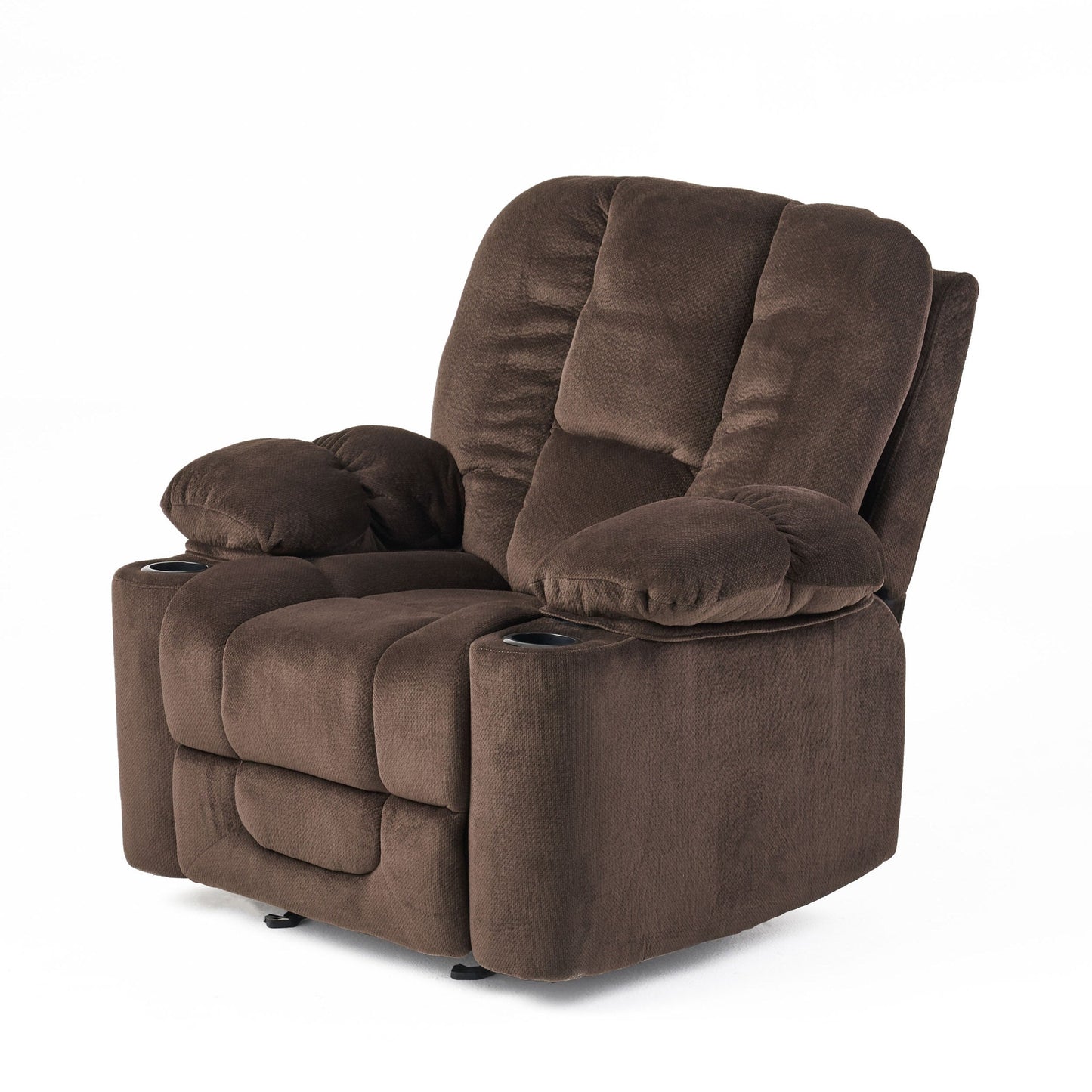Poltrona reclinabile manuale in tessuto elegante marrone con doppio portabicchieri e dimensioni generose per il massimo comfort