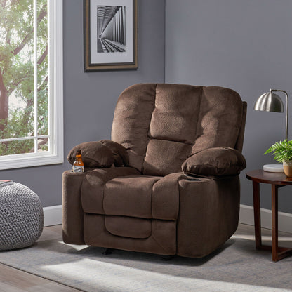 Poltrona reclinabile manuale in tessuto elegante marrone con doppio portabicchieri e dimensioni generose per il massimo comfort