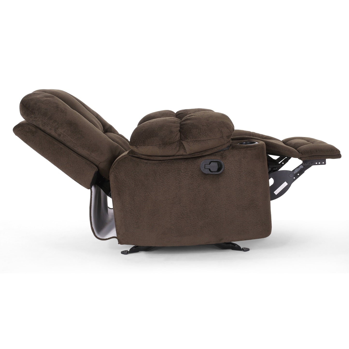 Poltrona reclinabile manuale in tessuto elegante marrone con doppio portabicchieri e dimensioni generose per il massimo comfort