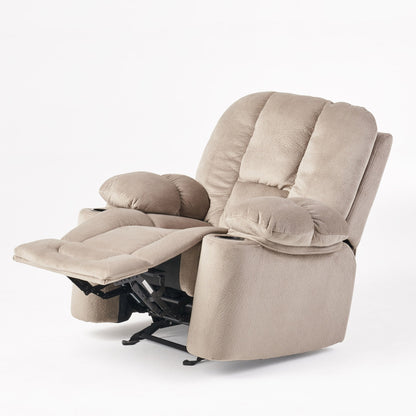 Poltrona reclinabile manuale in elegante tessuto marrone con doppio portabicchieri e dimensioni generose per il massimo relax