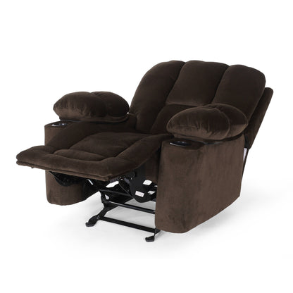 Poltrona reclinabile manuale in elegante tessuto marrone con doppio portabicchieri e dimensioni generose per il massimo relax