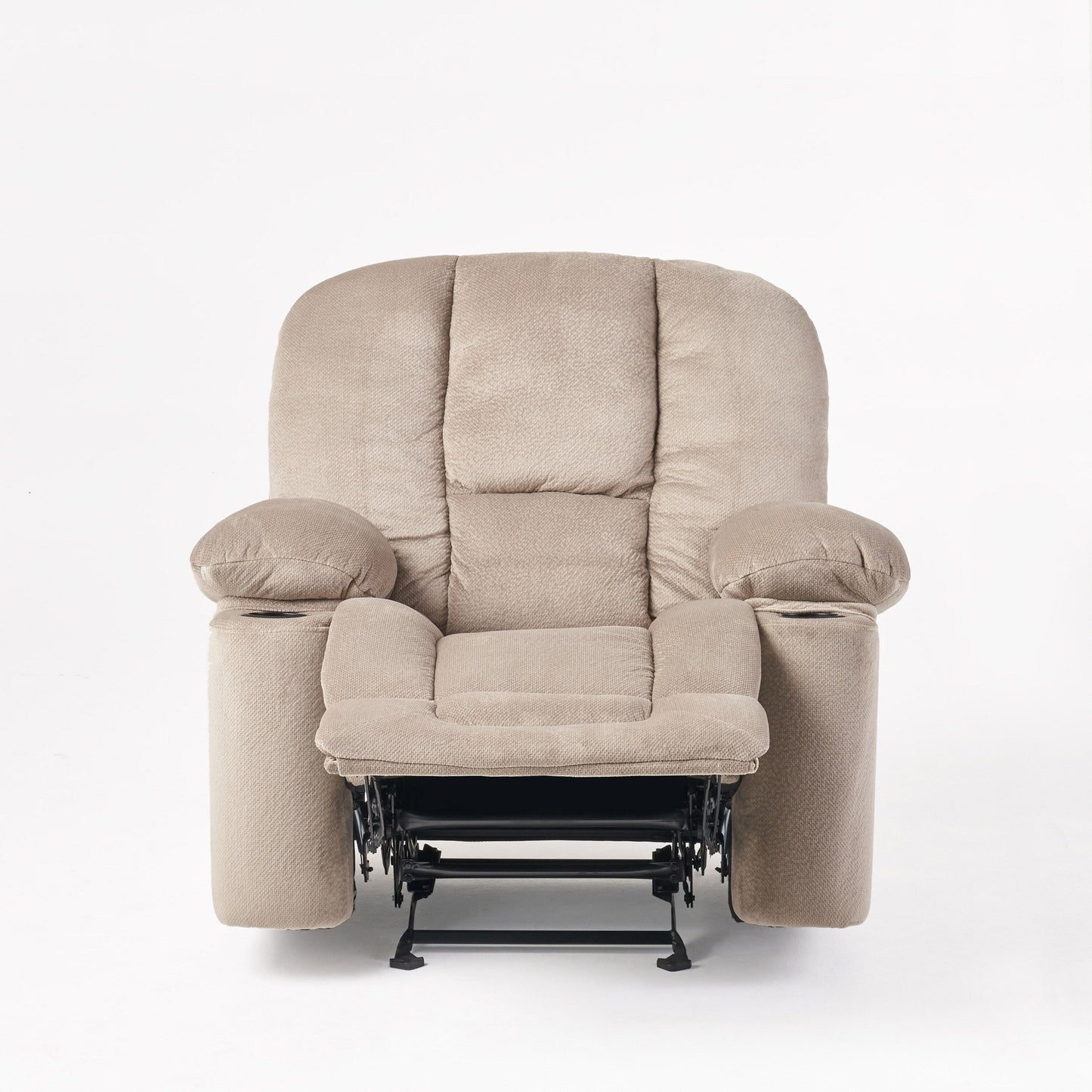 Poltrona reclinabile manuale in elegante tessuto marrone con doppio portabicchieri e dimensioni generose per il massimo relax