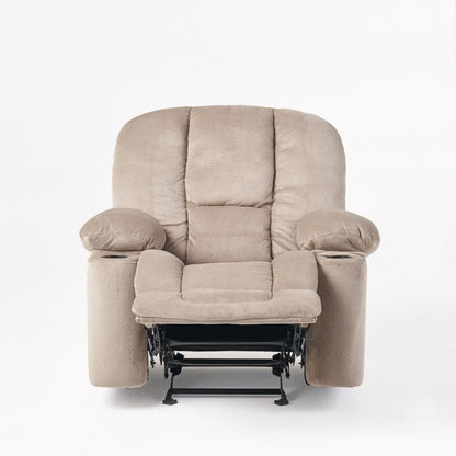 Poltrona reclinabile manuale in elegante tessuto marrone con doppio portabicchieri e dimensioni generose per il massimo relax