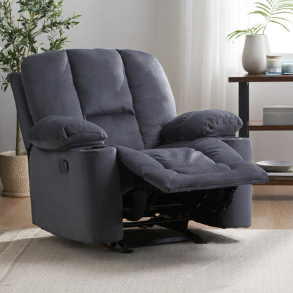 Poltrona reclinabile manuale in elegante tessuto marrone con doppio portabicchieri e dimensioni generose per il massimo relax