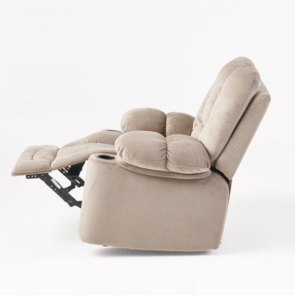 Poltrona reclinabile manuale in elegante tessuto marrone con doppio portabicchieri e dimensioni generose per il massimo relax