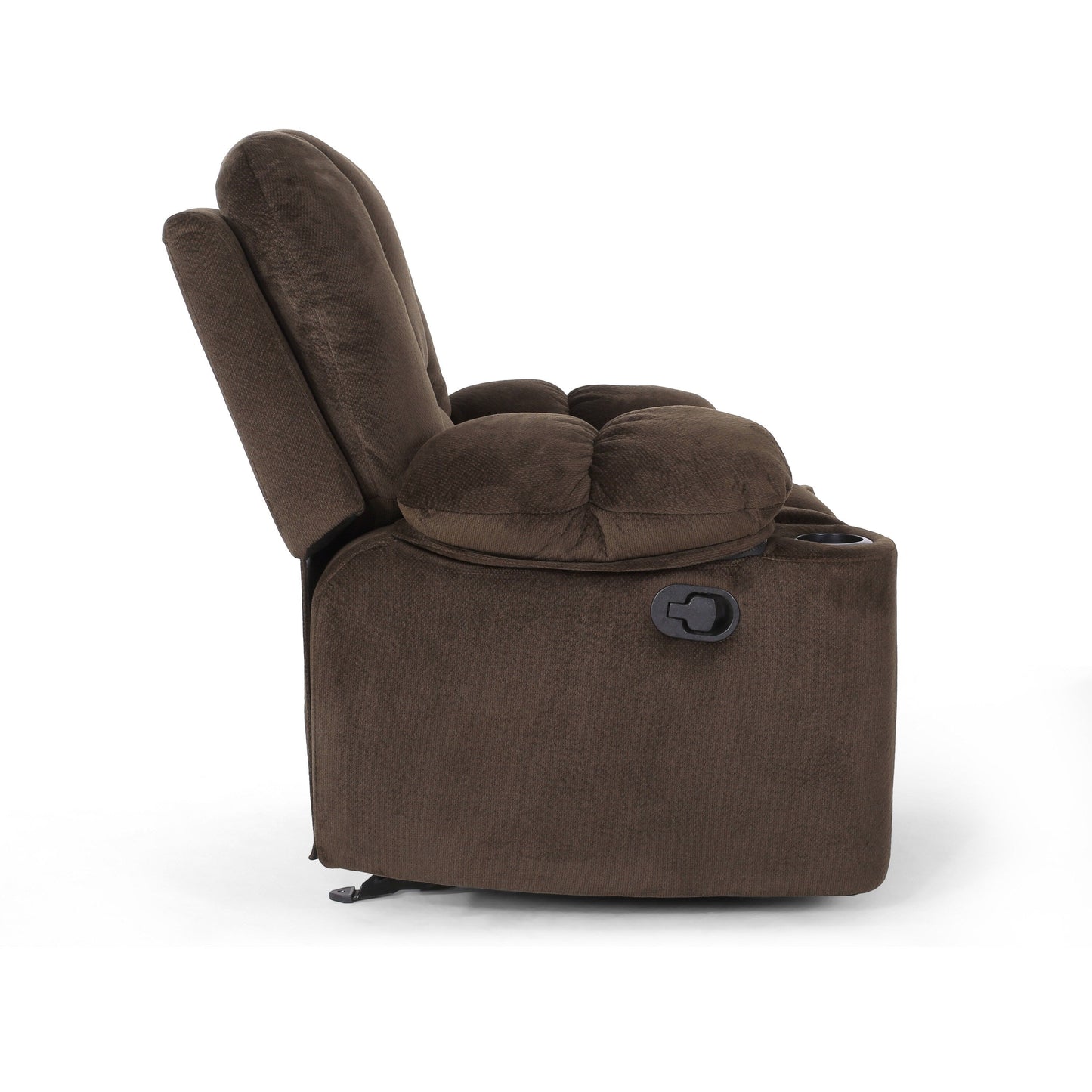 Poltrona reclinabile manuale in elegante tessuto marrone con doppio portabicchieri e dimensioni generose per il massimo relax