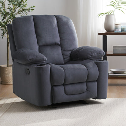 Poltrona reclinabile manuale in elegante tessuto marrone con doppio portabicchieri e dimensioni generose per il massimo relax