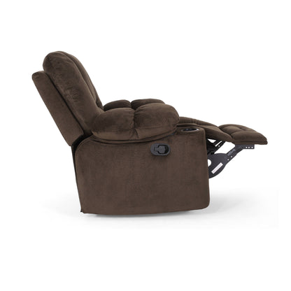 Poltrona reclinabile manuale in elegante tessuto marrone con doppio portabicchieri e dimensioni generose per il massimo relax
