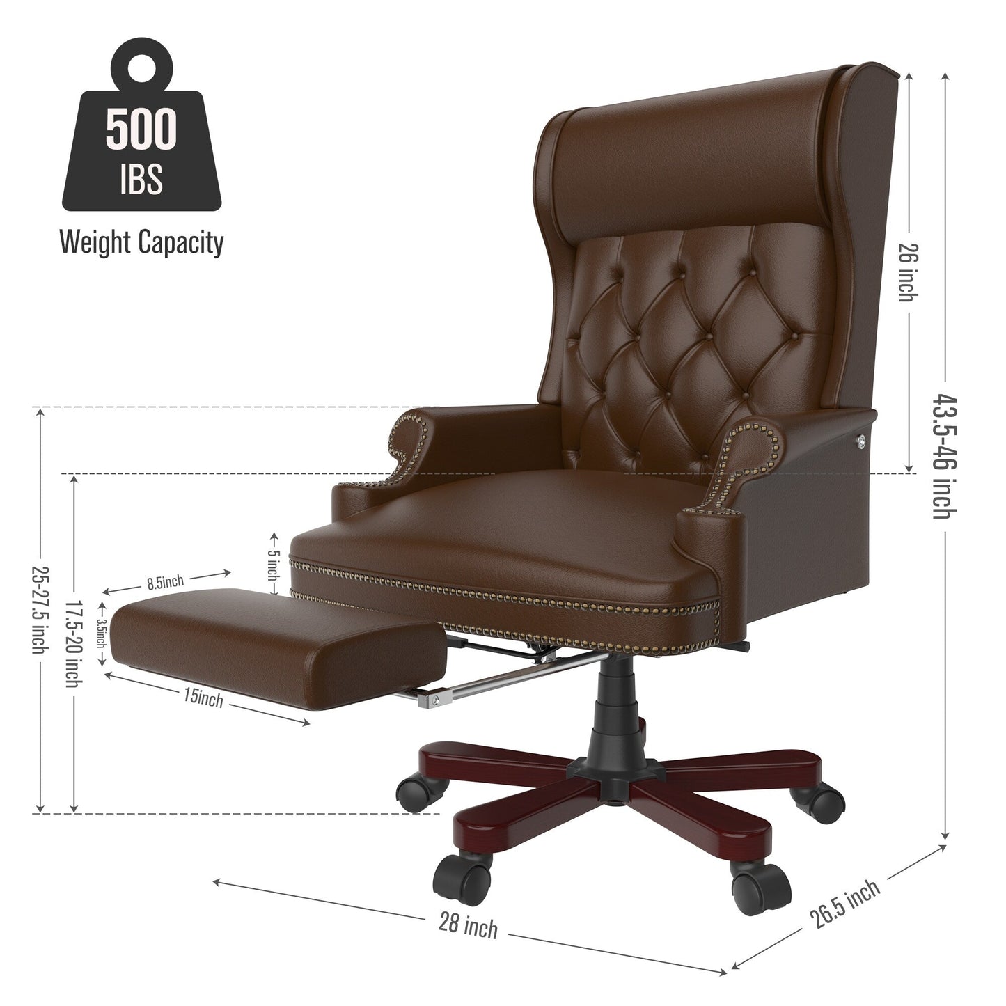 Poltrona girevole ergonomica da ufficio in similpelle marrone con poggiapiedi, schienale con bottoni trapuntati e decorazione con borchie
