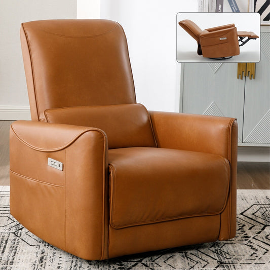 Poltrona reclinabile ergonomica marrone con rotazione di 270°, oscillazione delicata, rivestimento resistente, porte di ricarica USB e Type-C