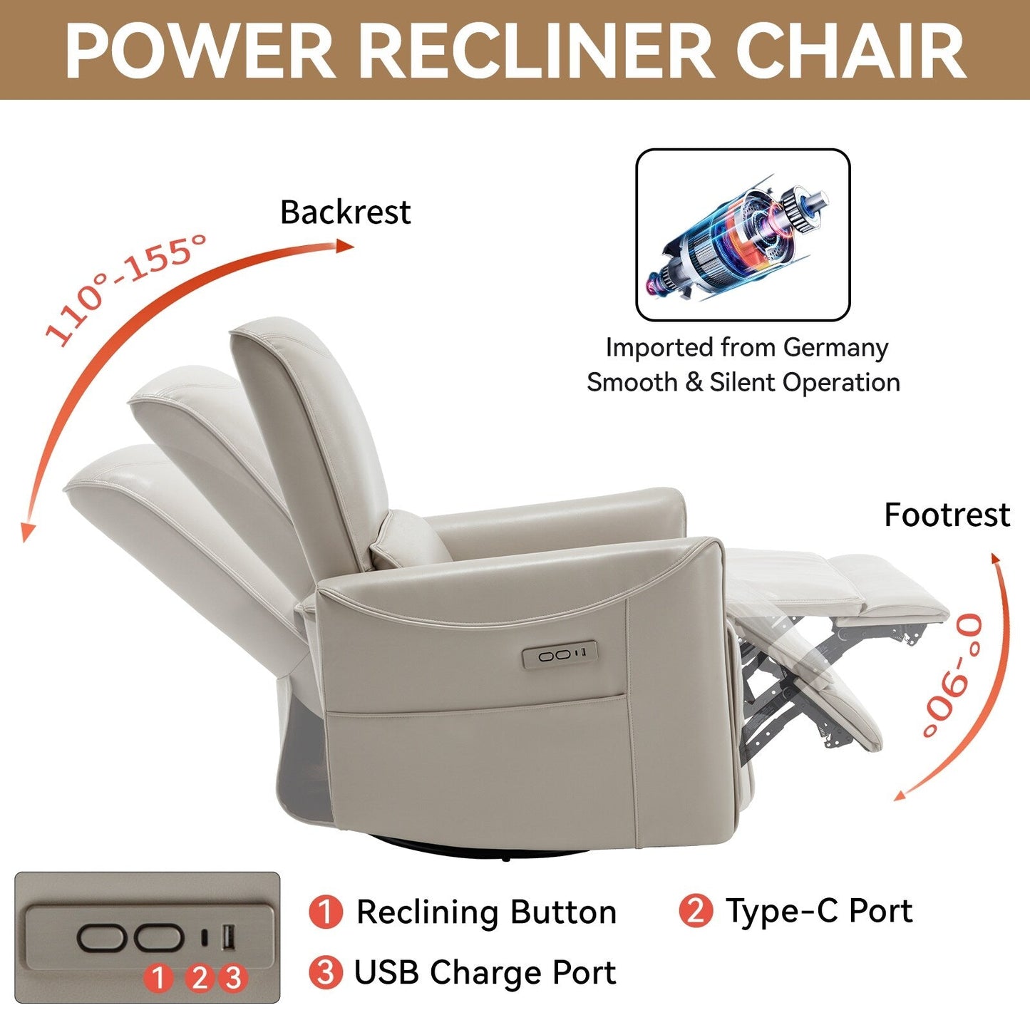 Poltrona reclinabile ergonomica marrone con rotazione a 270°, oscillazione delicata, rivestimento resistente e ricarica USB e Type-C