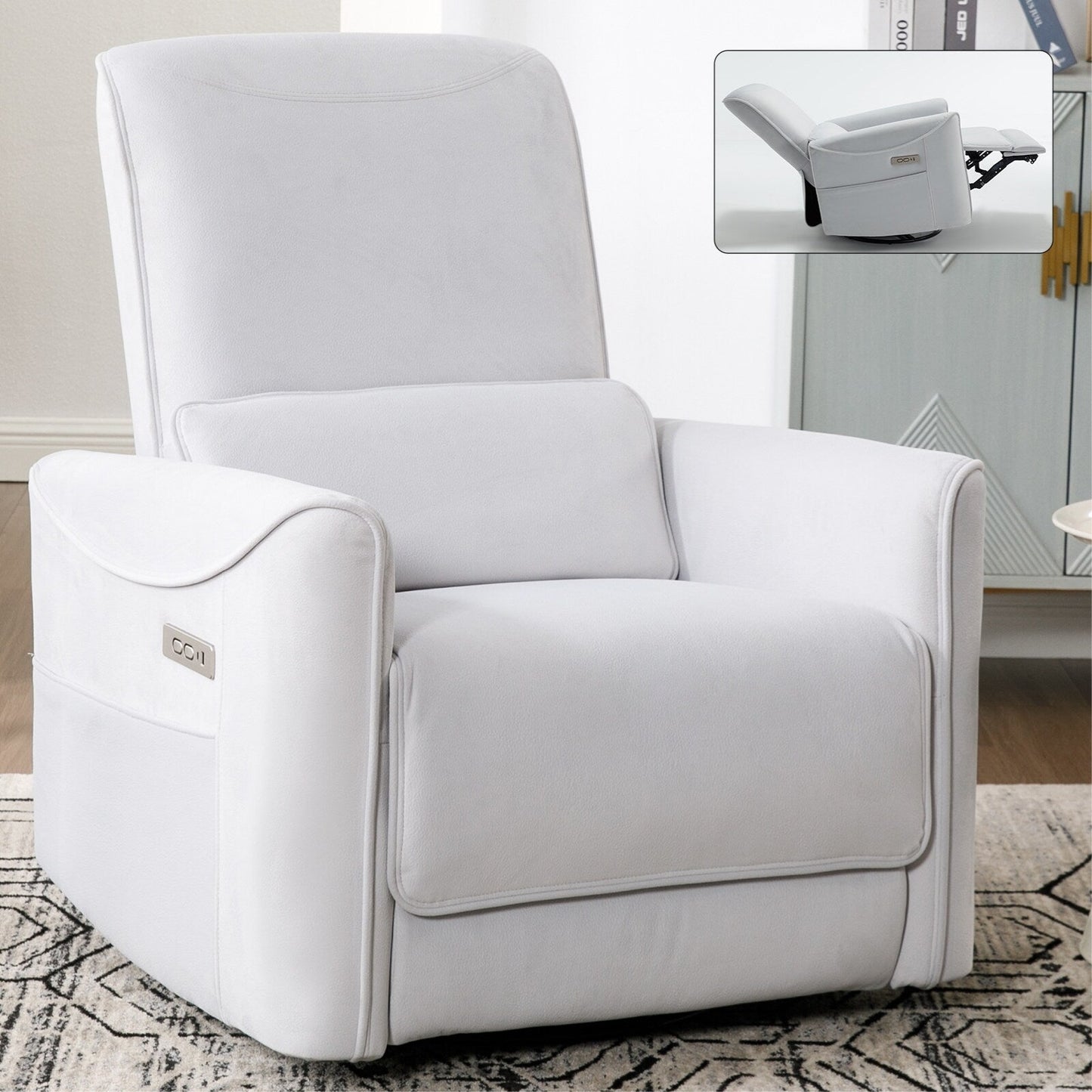 Poltrona reclinabile ergonomica marrone con rotazione a 270°, oscillazione delicata, rivestimento resistente e ricarica USB e Type-C