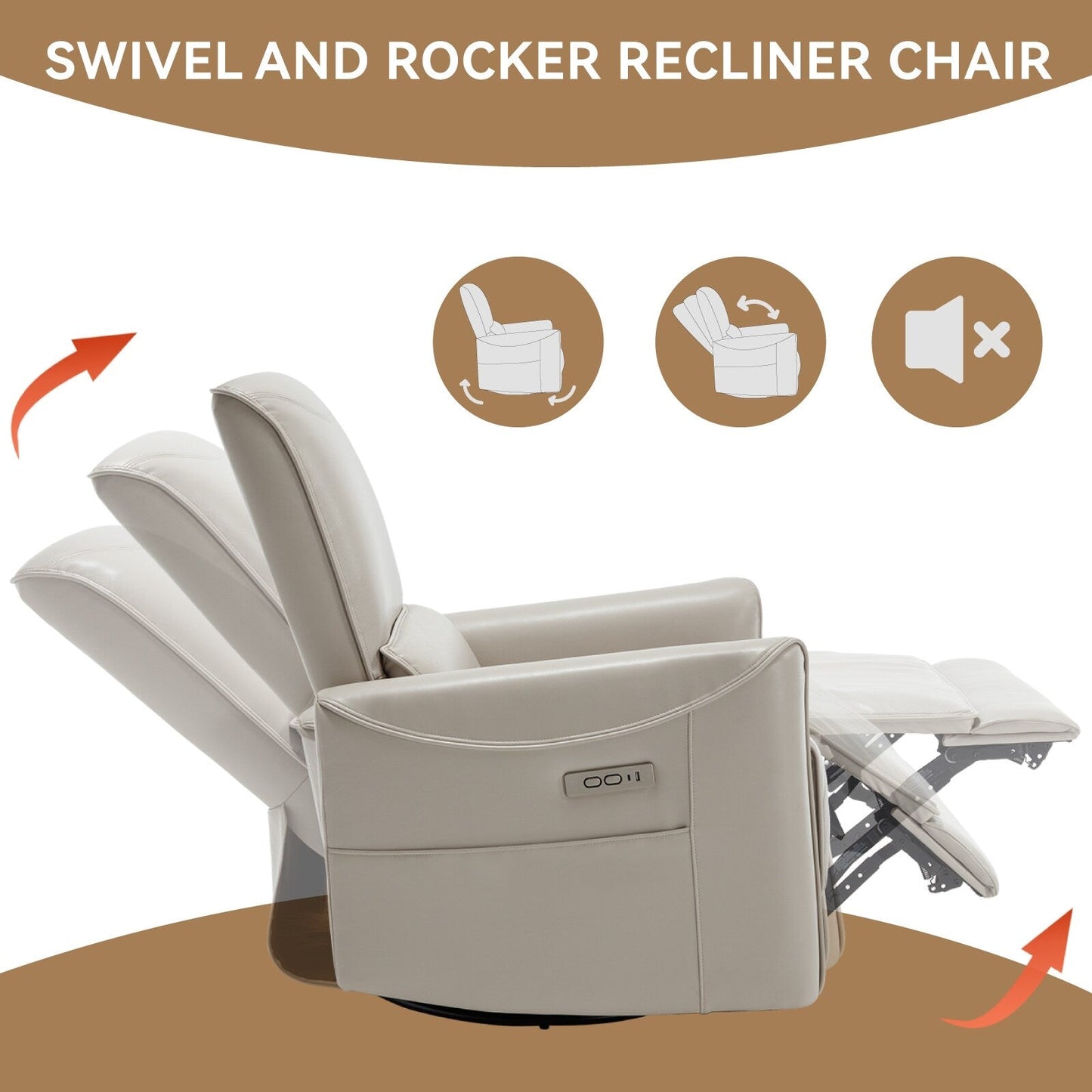 Poltrona reclinabile ergonomica marrone con rotazione a 270°, oscillazione delicata, rivestimento resistente e ricarica USB e Type-C
