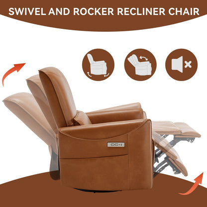 Poltrona reclinabile ergonomica marrone con rotazione a 270°, oscillazione delicata, rivestimento resistente e ricarica USB e Type-C