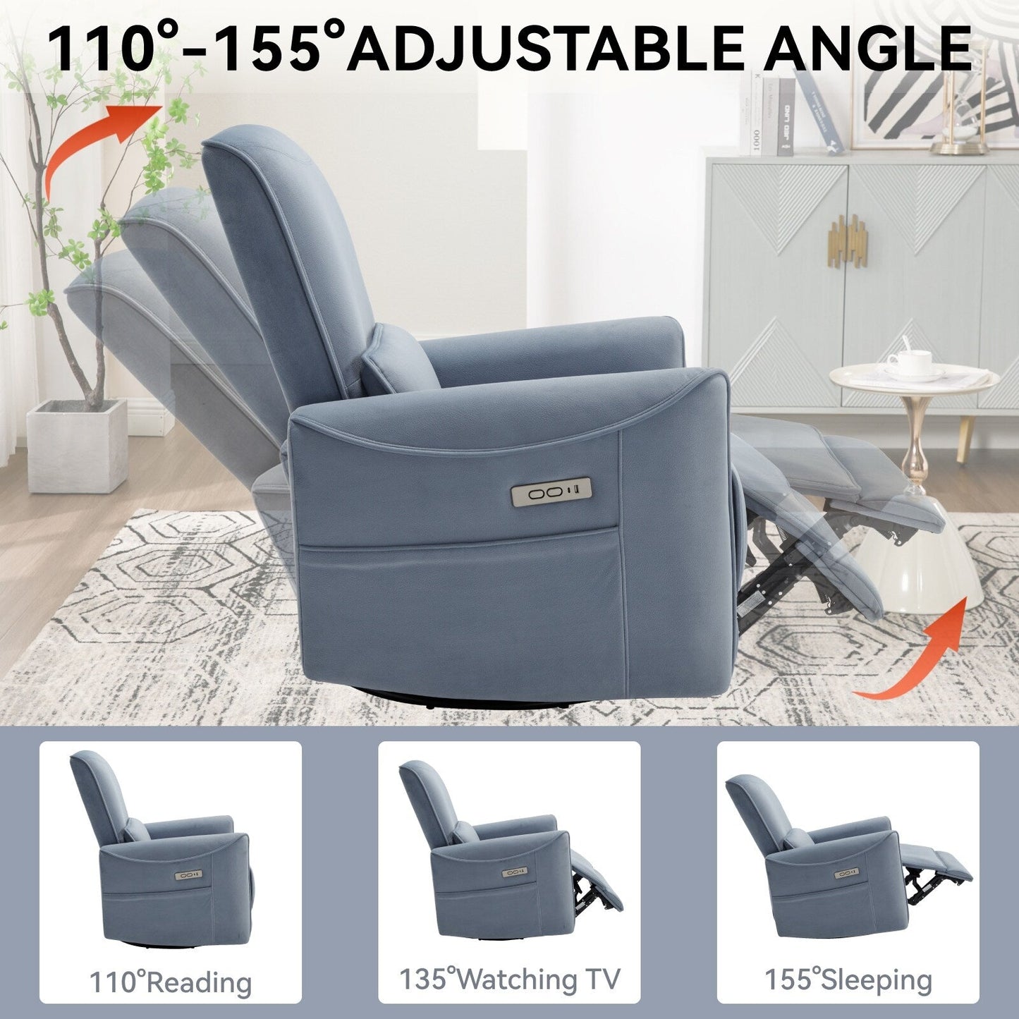 Poltrona reclinabile ergonomica marrone con rotazione a 270°, oscillazione delicata, rivestimento resistente e ricarica USB e Type-C