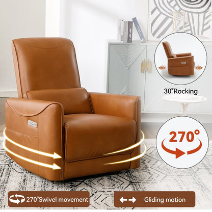Poltrona reclinabile ergonomica marrone con rotazione a 270°, oscillazione delicata, rivestimento resistente e ricarica USB e Type-C