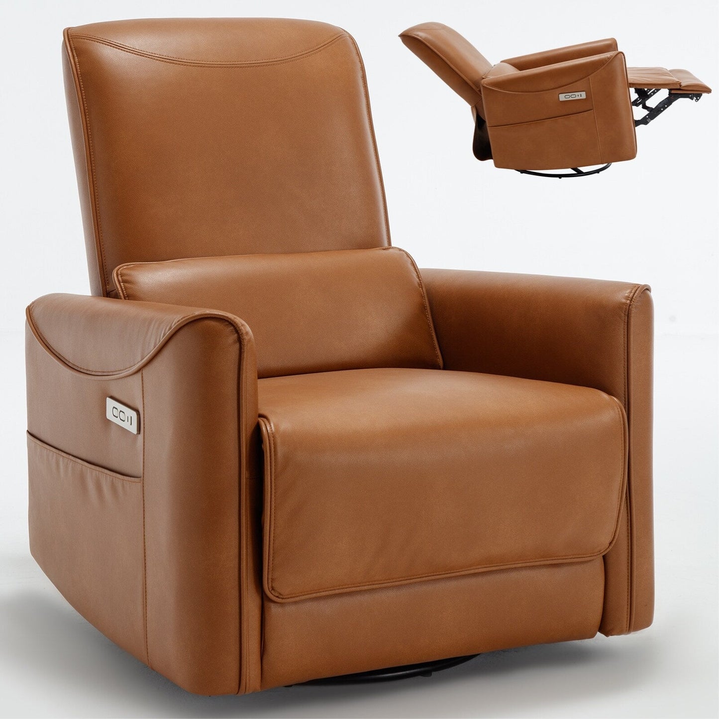 Poltrona reclinabile ergonomica marrone con rotazione a 270°, oscillazione delicata, rivestimento resistente e ricarica USB e Type-C