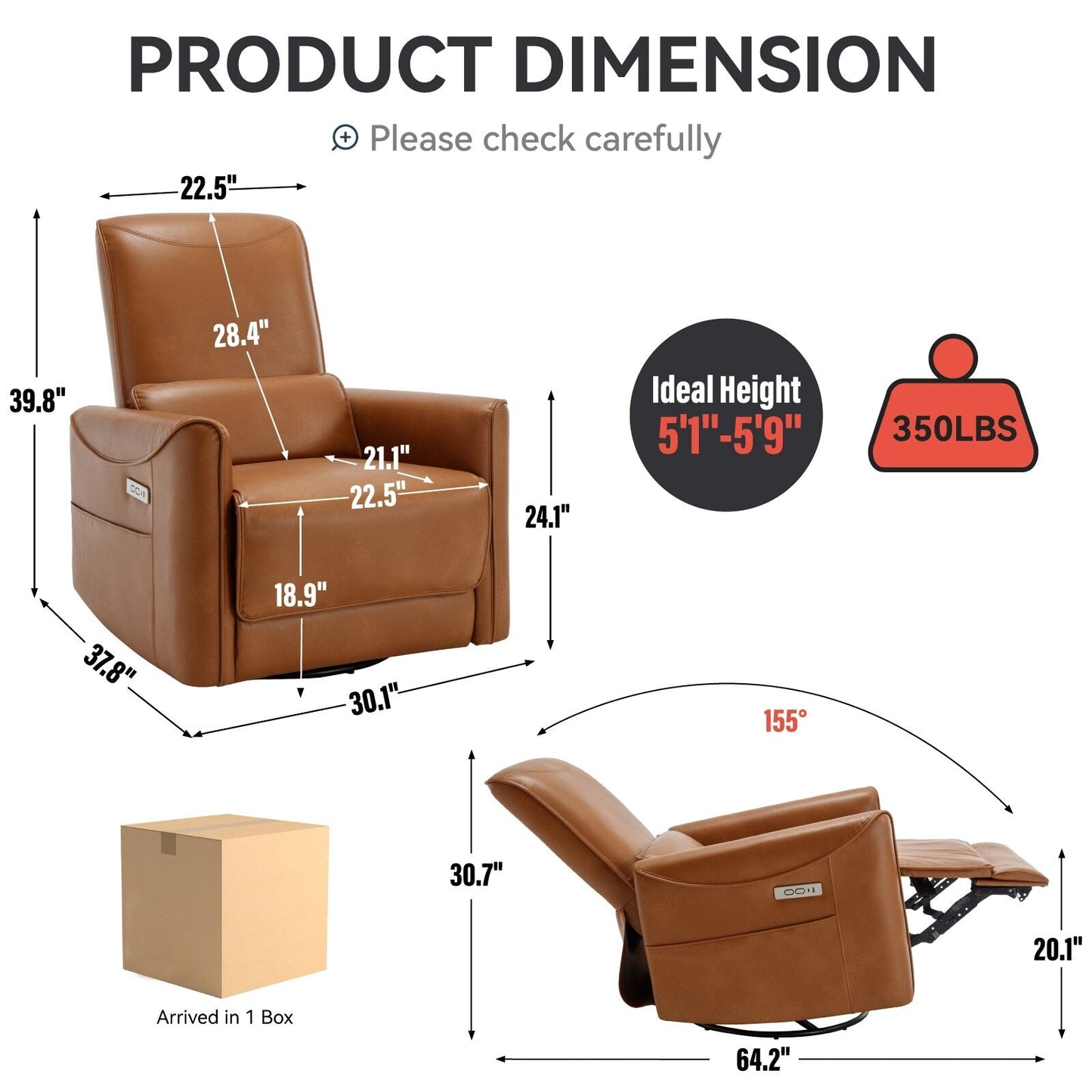 Poltrona reclinabile ergonomica marrone con rotazione a 270°, oscillazione delicata, rivestimento resistente e ricarica USB e Type-C